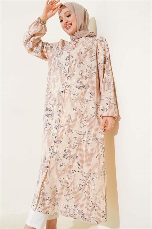 Patterned Metal Buttoned Long Shirt Latte