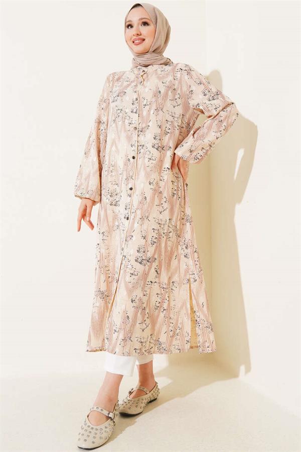 Patterned Metal Buttoned Long Shirt Latte