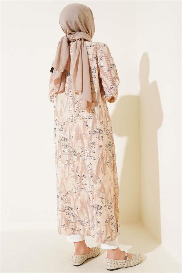 Patterned Metal Buttoned Long Shirt Latte