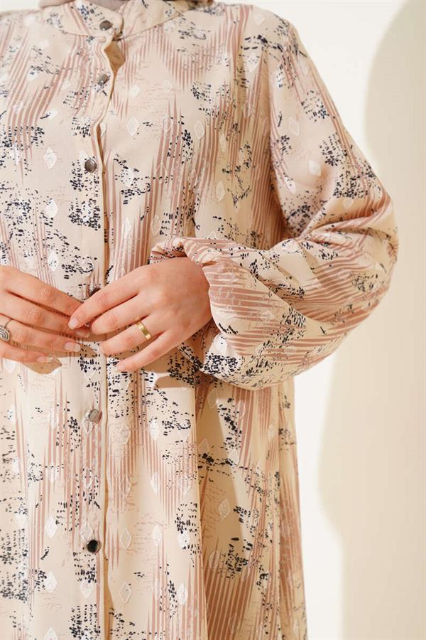 Patterned Metal Buttoned Long Shirt Latte