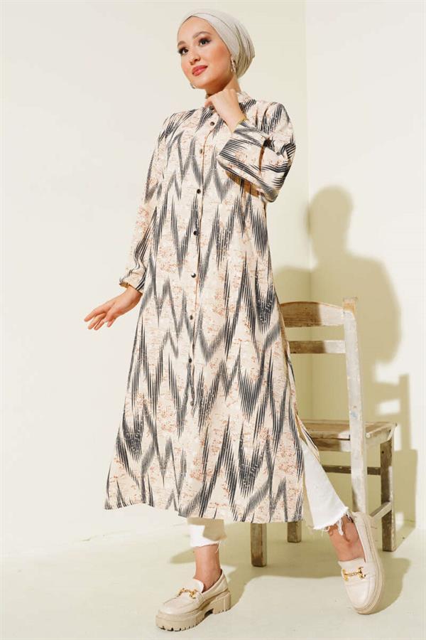 Patterned Metal Buttoned Long Shirt Black
