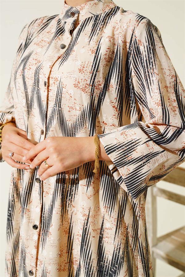Patterned Metal Buttoned Long Shirt Black