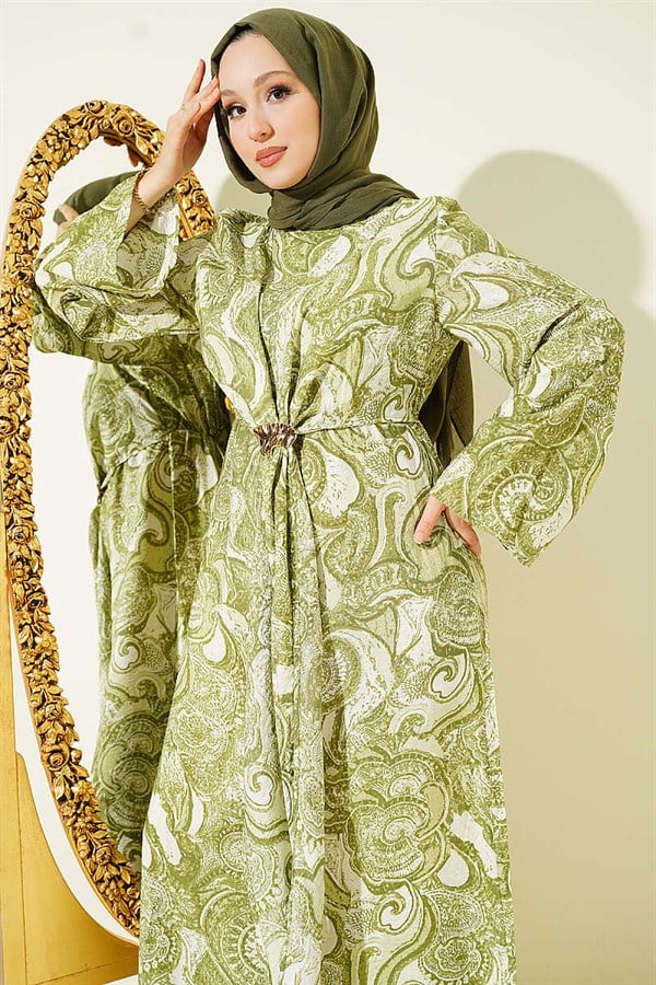 Patterned Dress with Front Tie Detail, Light Green