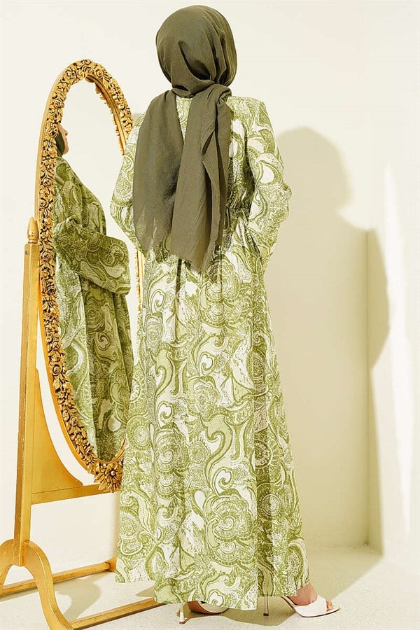 Patterned Dress with Front Tie Detail, Light Green