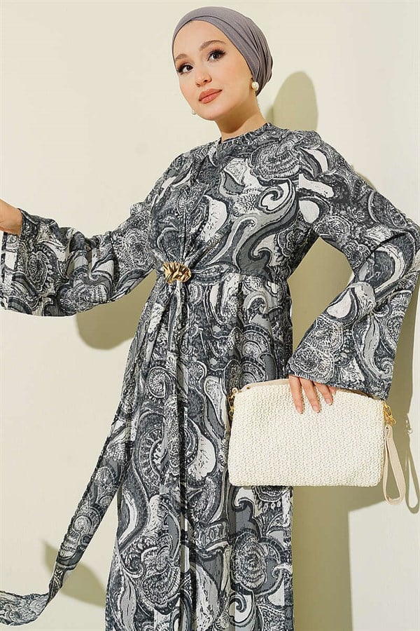 Patterned Dress with Tie-Front Detail, Grey