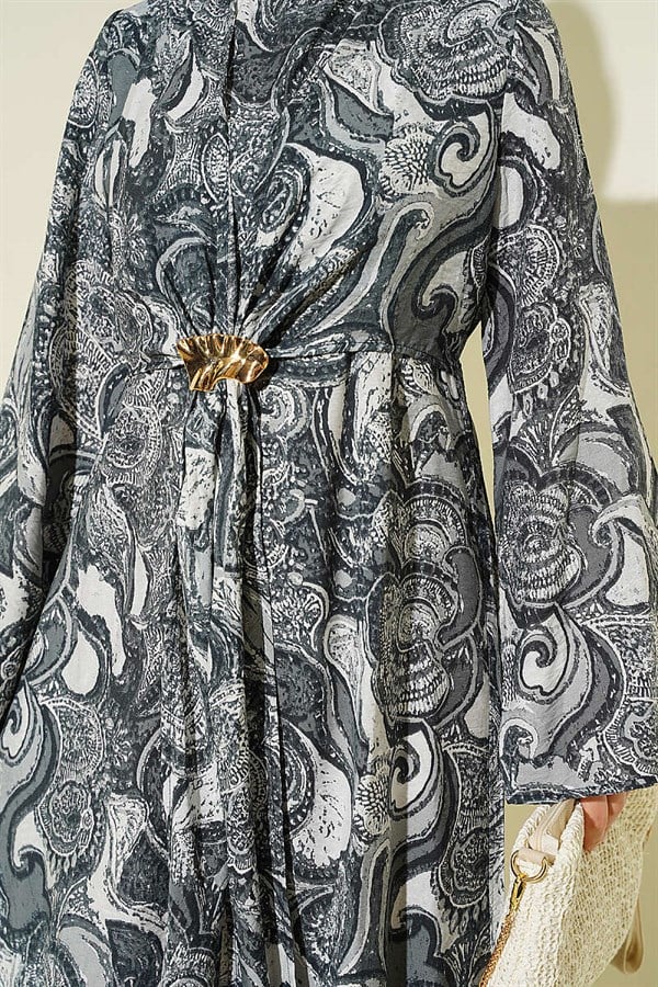 Patterned Dress with Tie-Front Detail, Grey