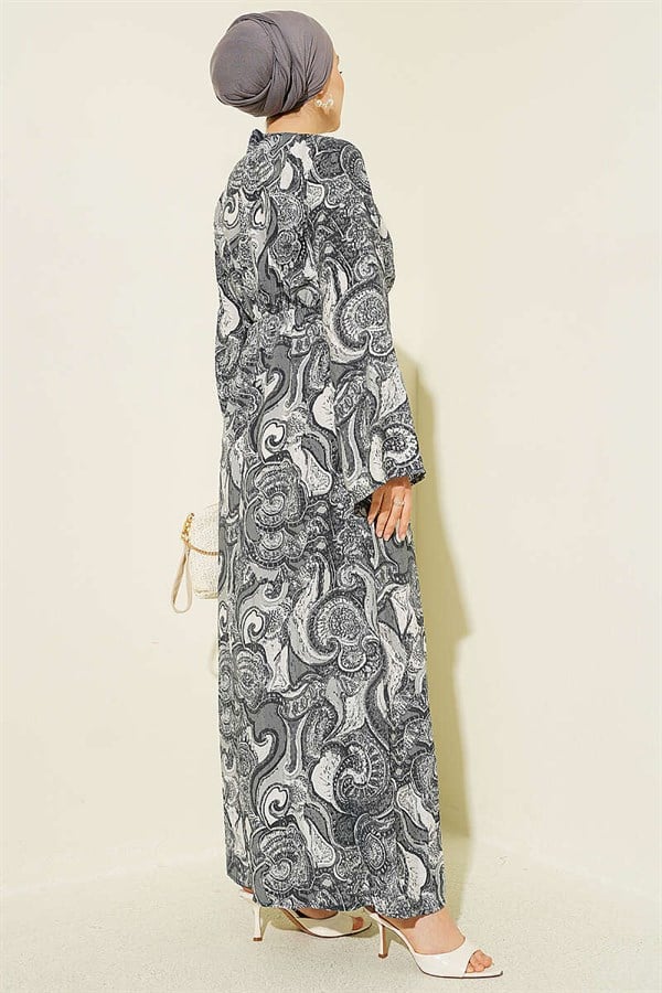 Patterned Dress with Tie-Front Detail, Grey