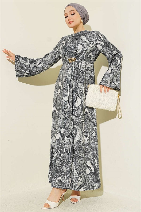 Patterned Dress with Tie-Front Detail, Grey