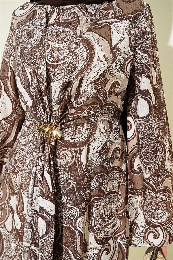 Patterned Dress with Front Tie Detail, Brown