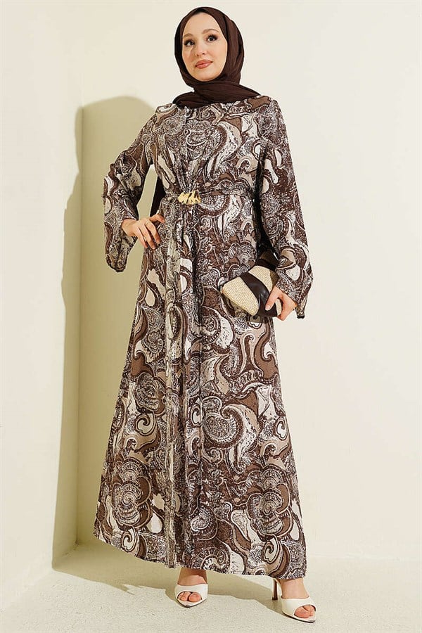 Patterned Dress with Front Tie Detail, Brown