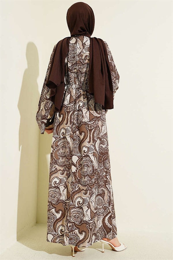Patterned Dress with Front Tie Detail, Brown