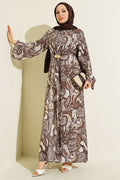 Patterned Dress with Front Tie Detail, Brown