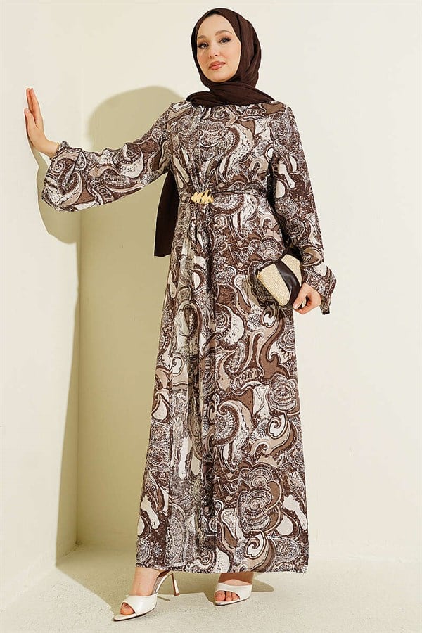 Patterned Dress with Front Tie Detail, Brown