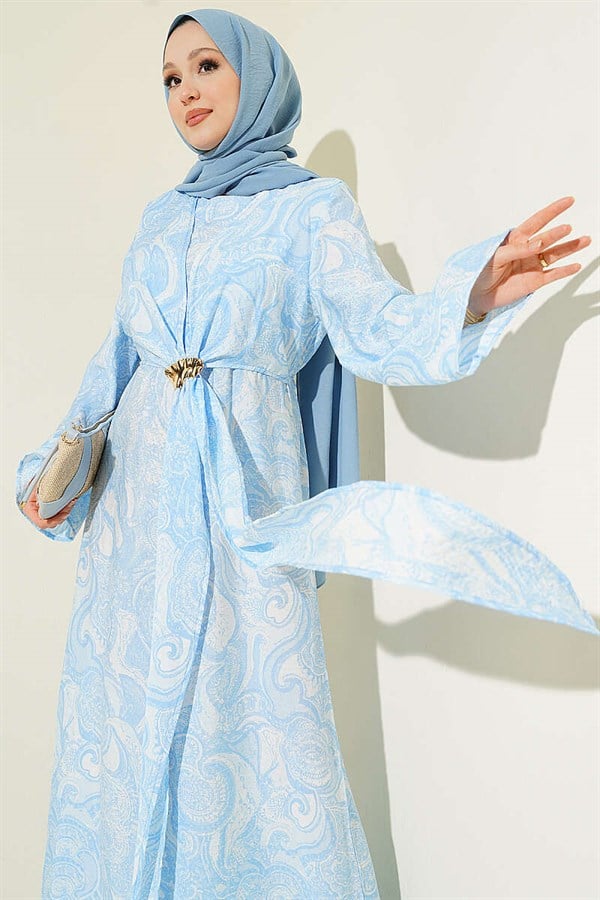 Patterned Dress with Tie-Front Detail, Blue