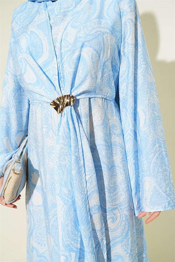 Patterned Dress with Tie-Front Detail, Blue