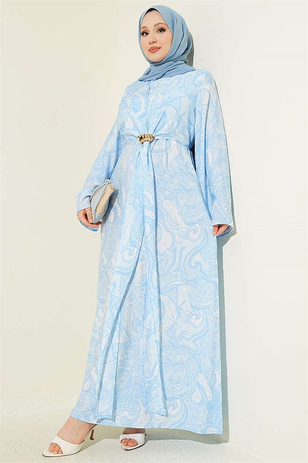 Patterned Dress with Tie-Front Detail, Blue
