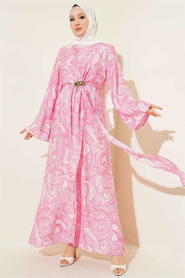Pink Patterned Dress with Front Tie Detail