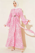 Pink Patterned Dress with Front Tie Detail
