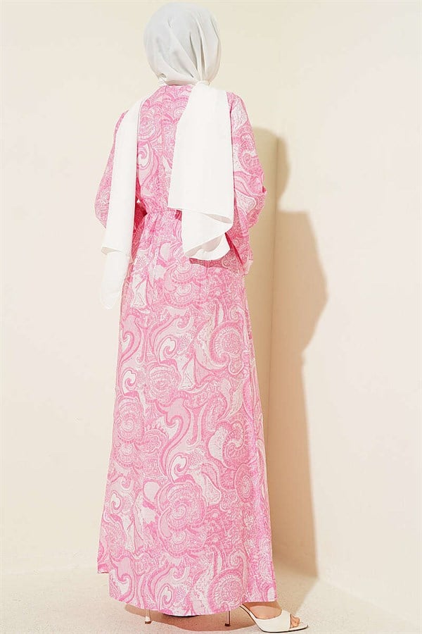 Pink Patterned Dress with Front Tie Detail