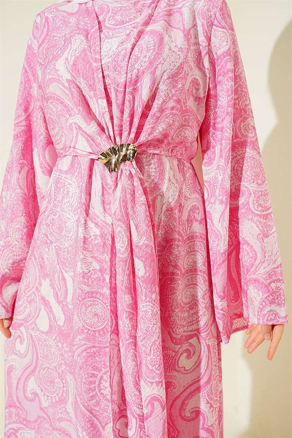 Pink Patterned Dress with Front Tie Detail