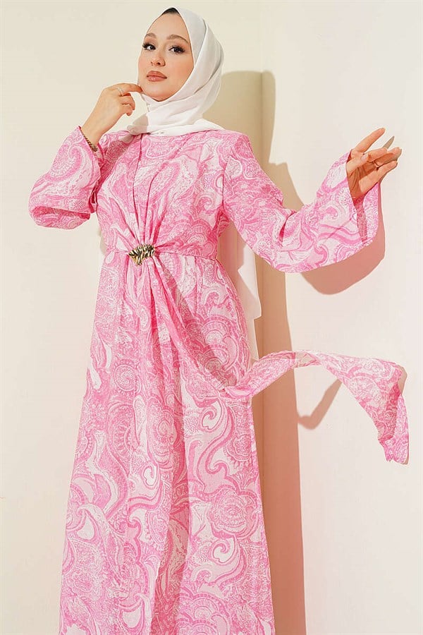 Pink Patterned Dress with Front Tie Detail