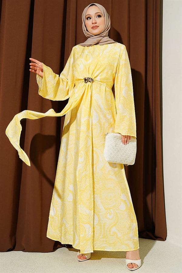 Patterned Dress with Tie-Front Detail, Yellow
