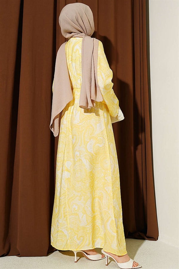 Patterned Dress with Tie-Front Detail, Yellow