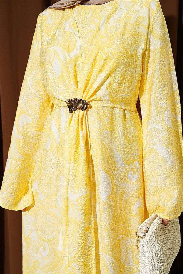 Patterned Dress with Tie-Front Detail, Yellow