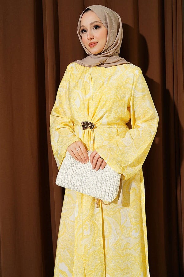 Patterned Dress with Tie-Front Detail, Yellow