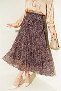Patterned Pleated Skirt with Elastic Waistband, Brown