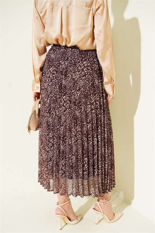 Patterned Pleated Skirt with Elastic Waistband, Brown