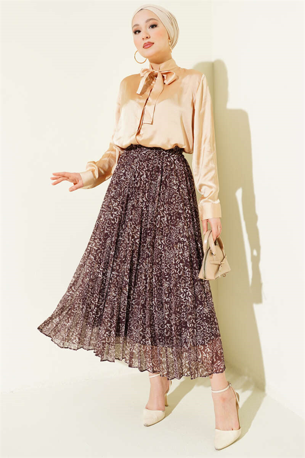 Patterned Pleated Skirt with Elastic Waistband, Brown