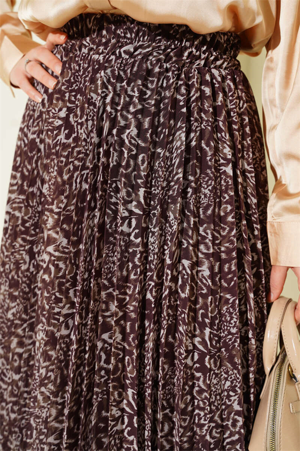 Patterned Pleated Skirt with Elastic Waistband, Brown