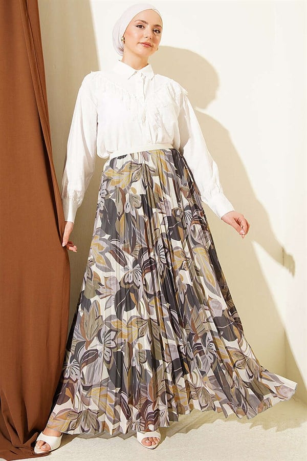 Patterned Pleated Chiffon Skirt with Elastic Waistband, Khaki