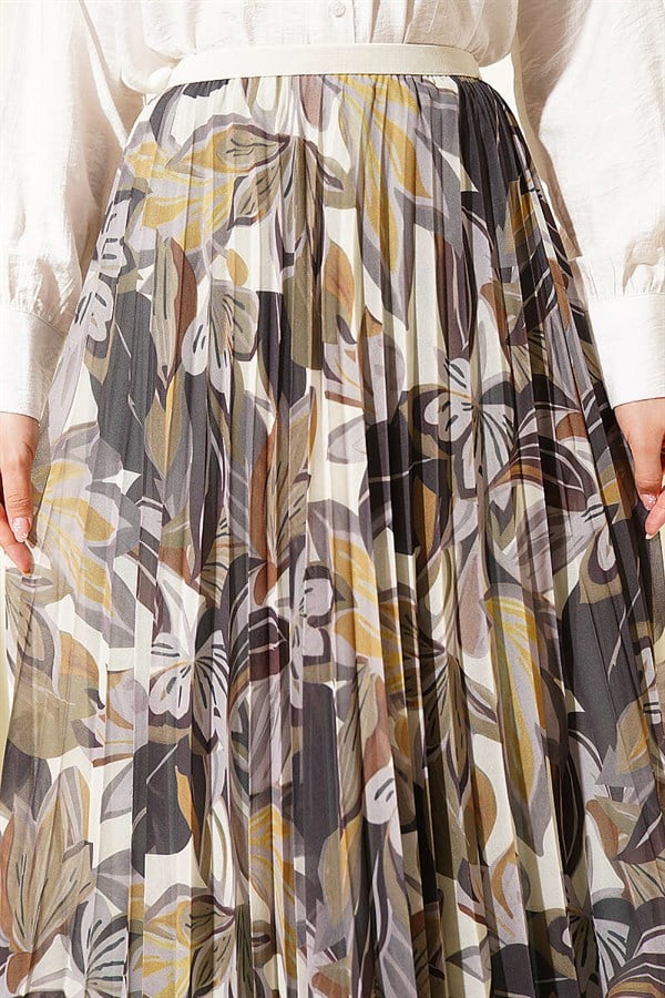Patterned Pleated Chiffon Skirt with Elastic Waistband, Khaki