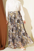 Patterned Pleated Chiffon Skirt with Elastic Waistband, Khaki