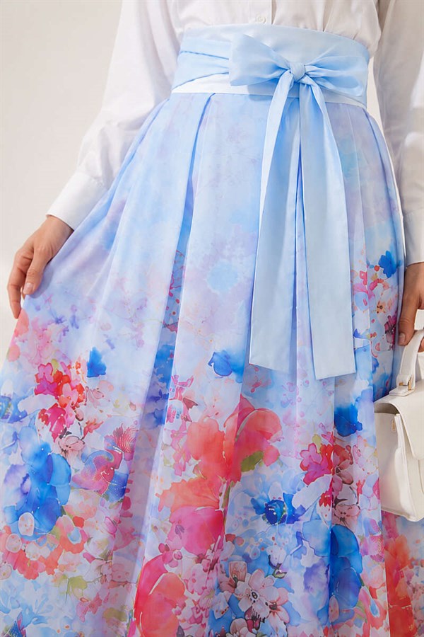 Patterned Pleated Skirt Blue