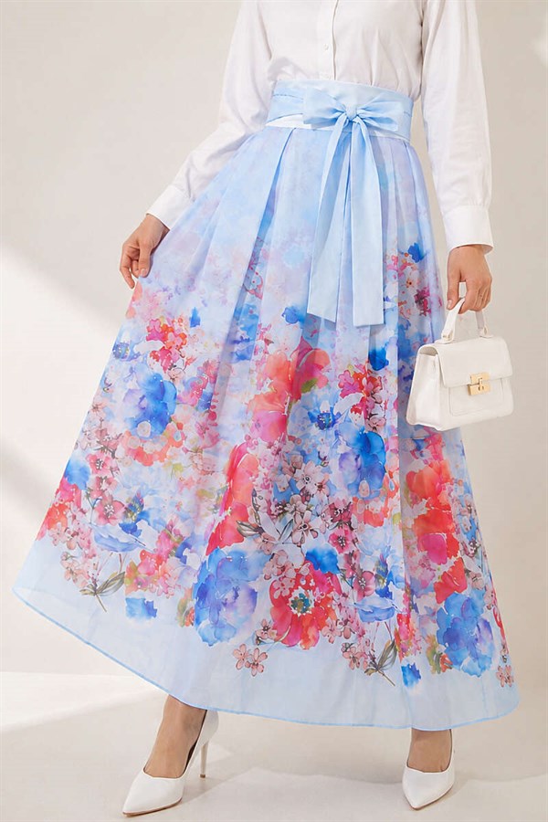 Patterned Pleated Skirt Blue