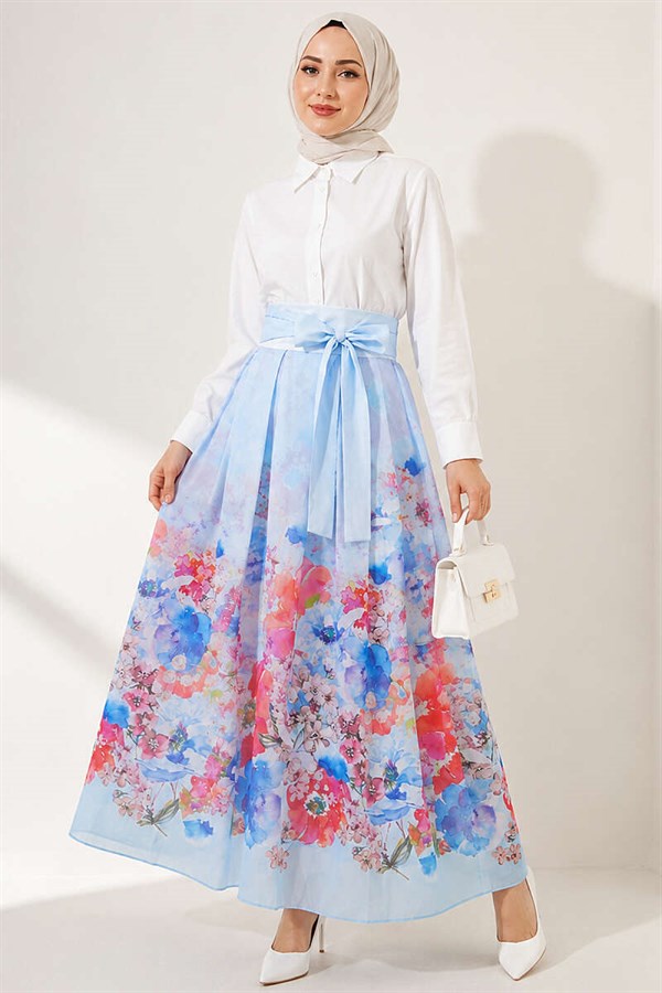 Patterned Pleated Skirt Blue