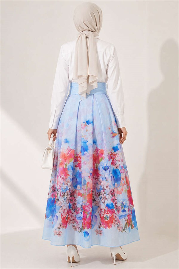 Patterned Pleated Skirt Blue