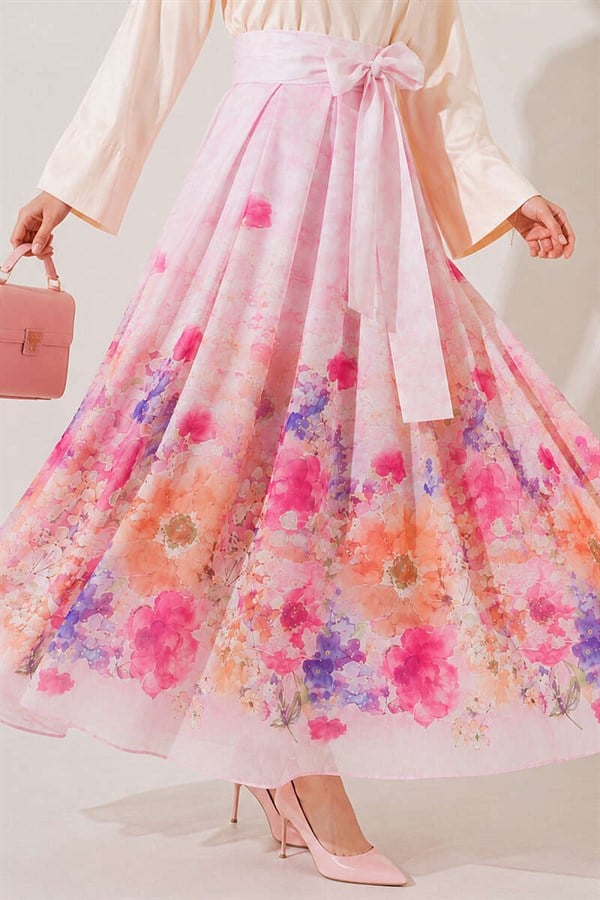 Pink Patterned Pleated Skirt