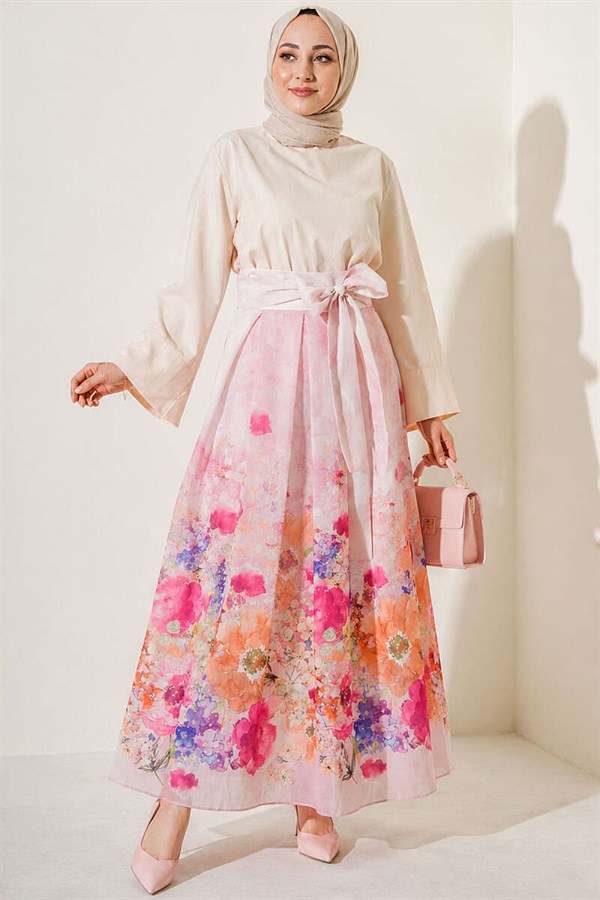 Pink Patterned Pleated Skirt