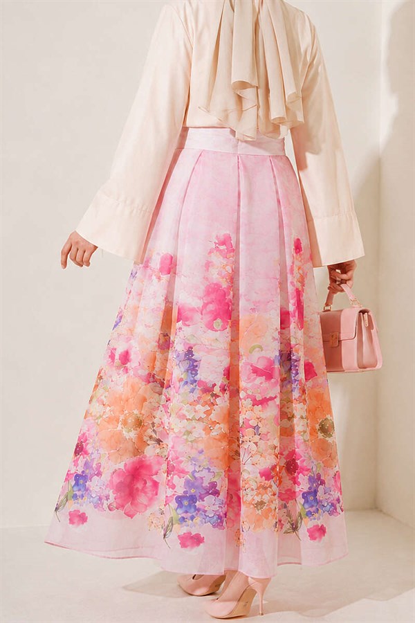 Pink Patterned Pleated Skirt