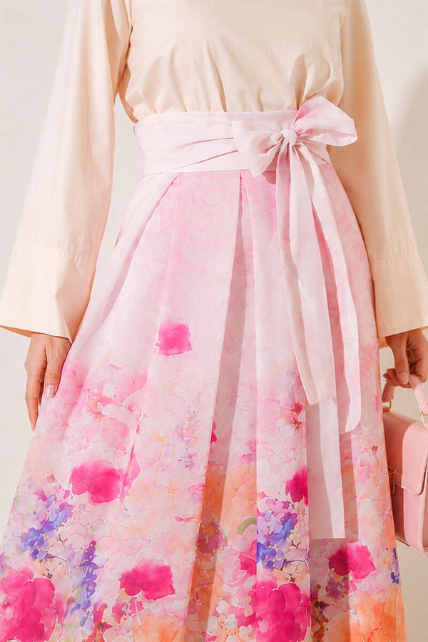 Pink Patterned Pleated Skirt