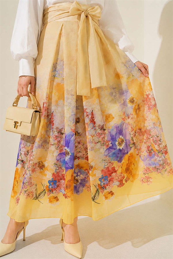 Patterned Pleated Skirt Yellow