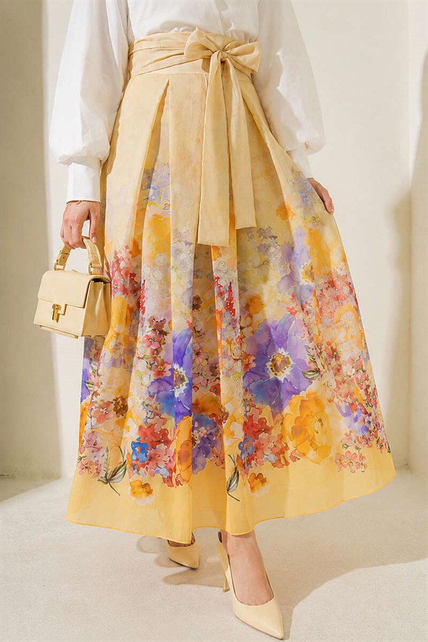 Patterned Pleated Skirt Yellow