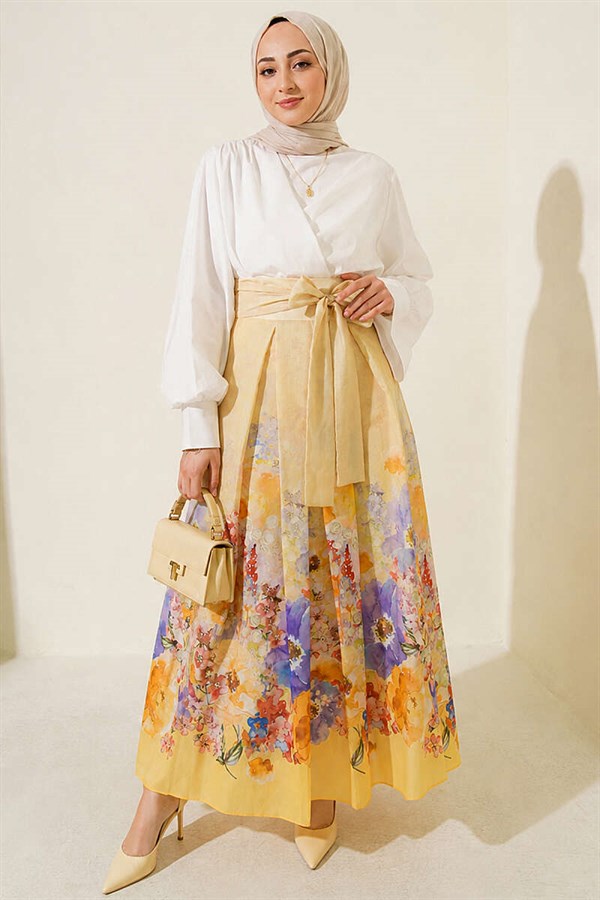 Patterned Pleated Skirt Yellow