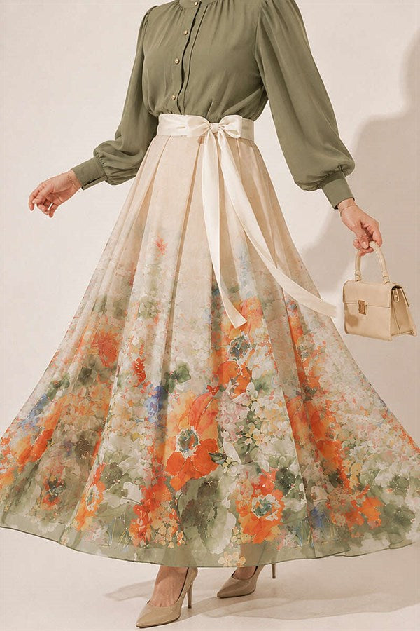 Patterned Pleated Skirt, Aqua Green