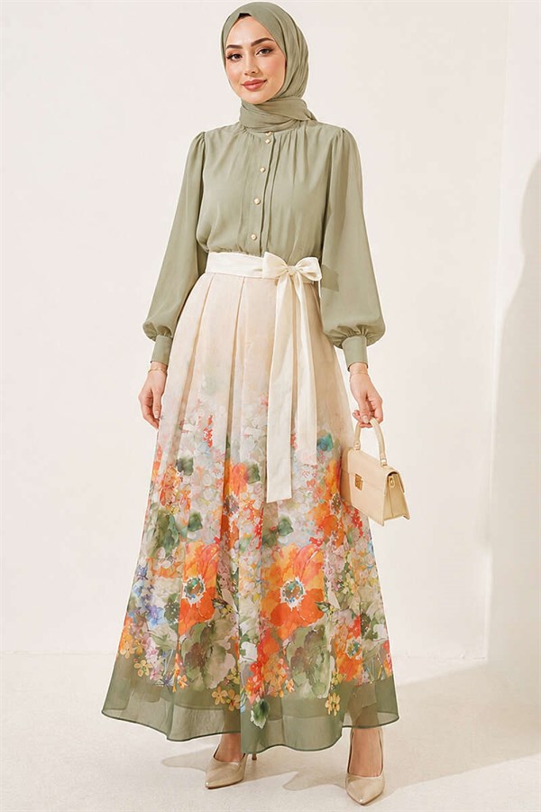 Patterned Pleated Skirt, Aqua Green
