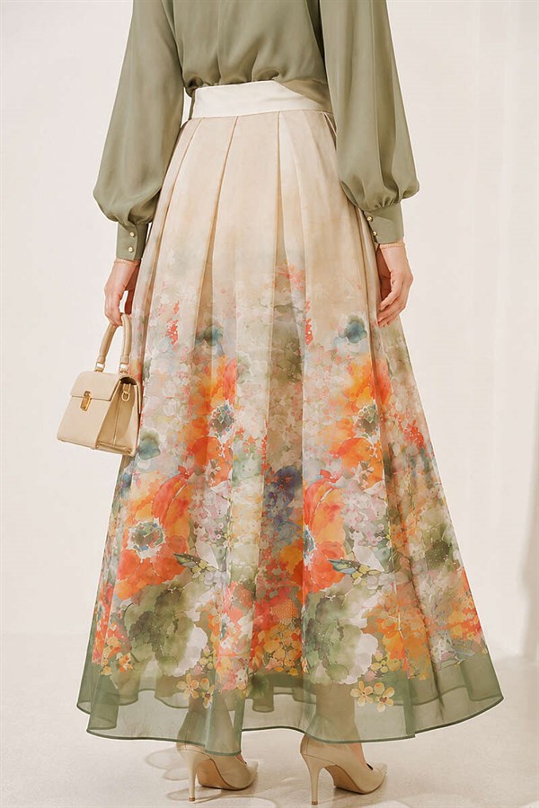 Patterned Pleated Skirt, Aqua Green